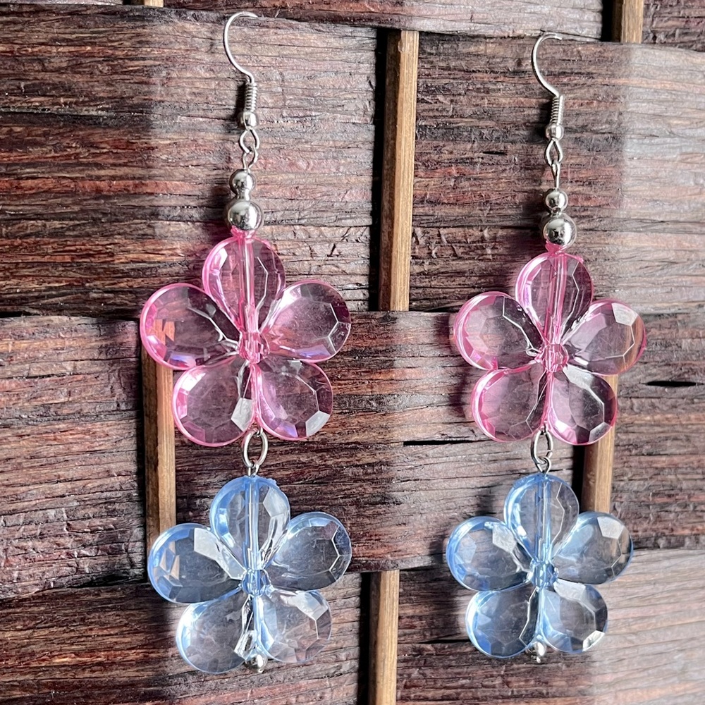Pink and Blue Flower Drop Earrings